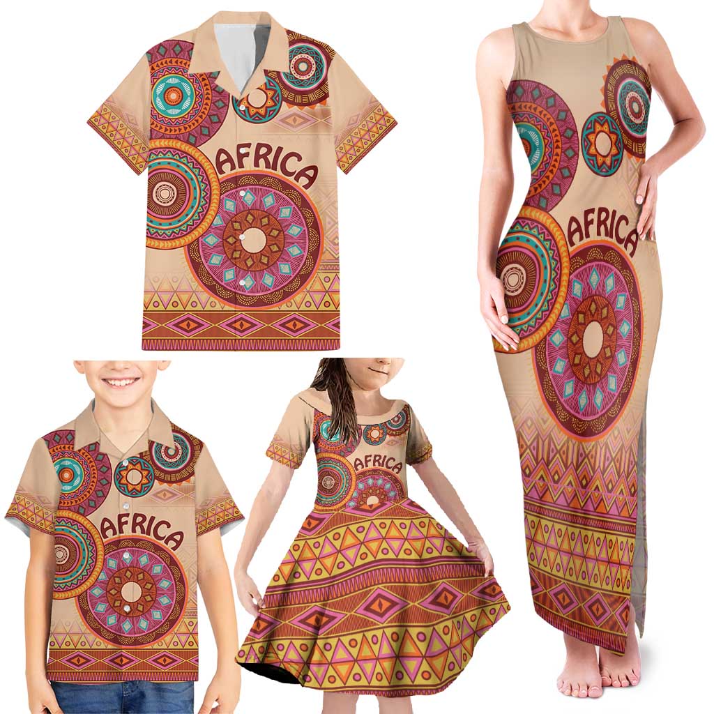 Africa Tribal Traditional Pattern Family Matching Tank Maxi Dress and Hawaiian Shirt Beige Motif - Wonder Print Shop