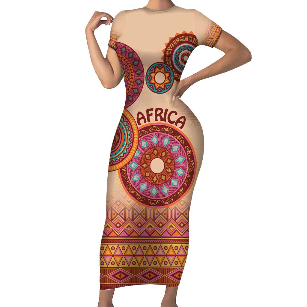 Africa Tribal Traditional Pattern Short Sleeve Bodycon Dress Beige Motif - Wonder Print Shop