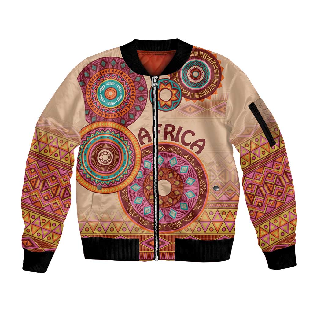 Africa Tribal Traditional Pattern Sleeve Zip Bomber Jacket Beige Motif - Wonder Print Shop