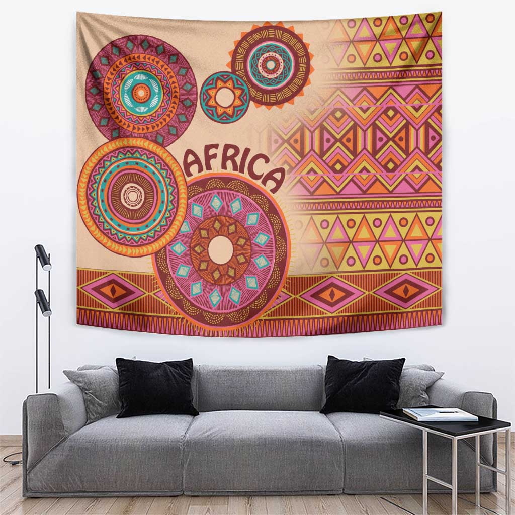 Beige tapestry with multicolor Africa tribal circles and geometric border motif
