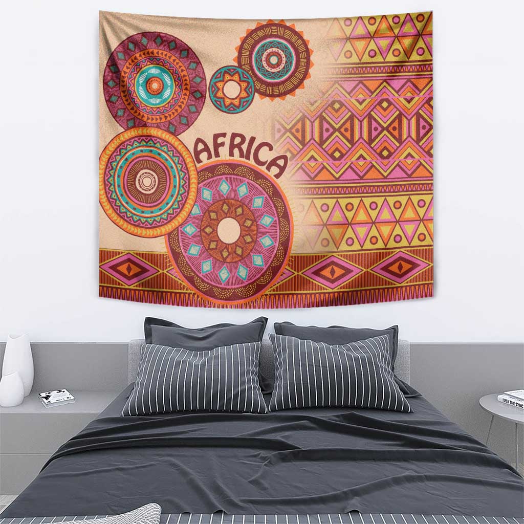 Beige tapestry with 'AFRICA' word, circular medallions, and patterned geometric band