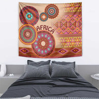 Beige tapestry with 'AFRICA' word, circular medallions, and patterned geometric band