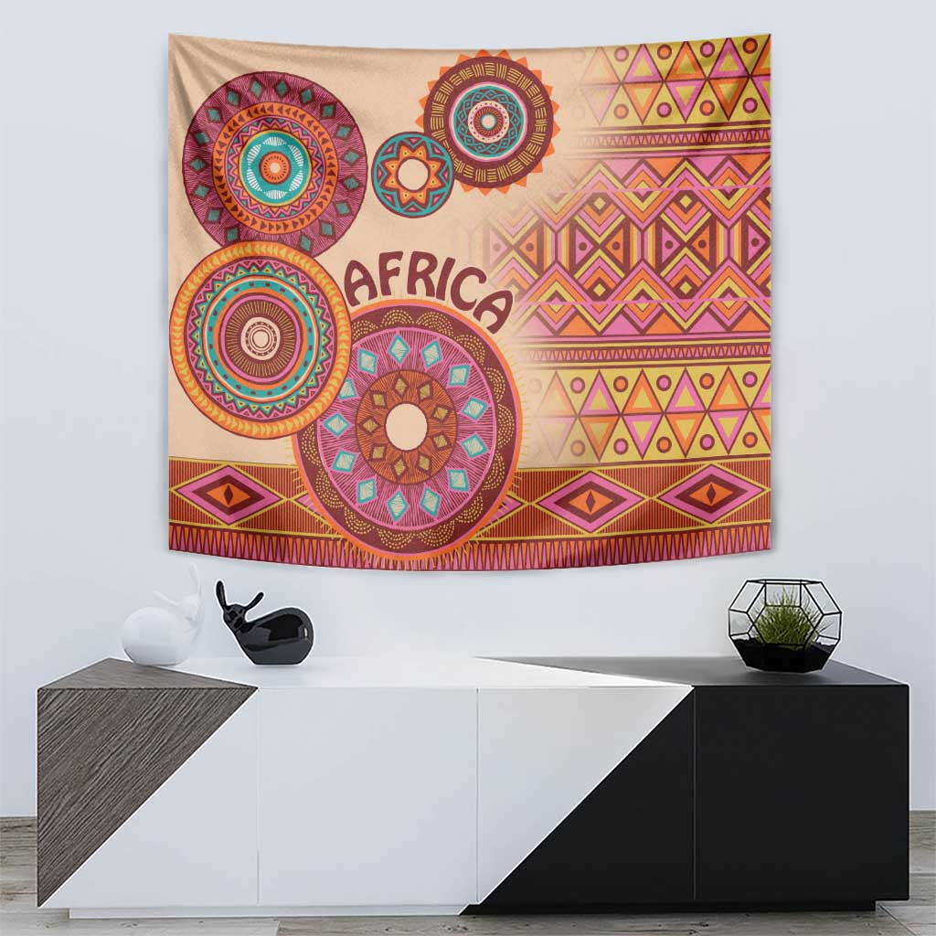 Beige tapestry featuring circular tribal designs, 'AFRICA' text, and diamond row border