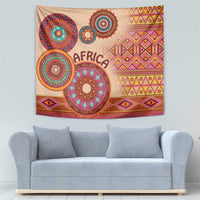 Beige tapestry with multicolor tribal circles, 'AFRICA' word, and zigzag geometric border