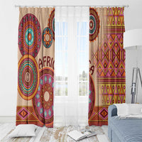 Beige tribal patterned window curtain panels with medallion circles and diamond border