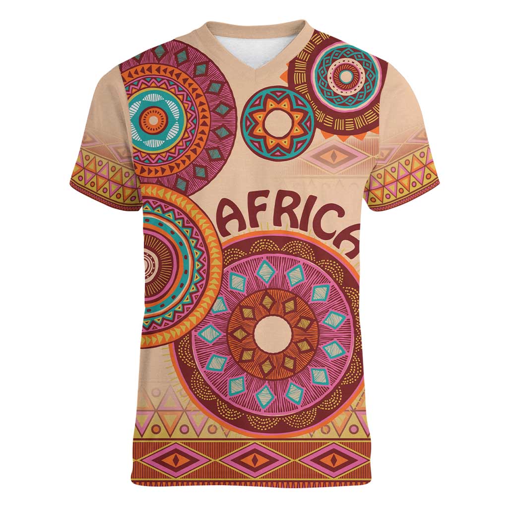 Africa Tribal Traditional Pattern Women V-Neck T-Shirt Beige Motif - Wonder Print Shop