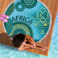 Round blue Africa tribal pattern beach blanket with fringe edge, 150cm diameter