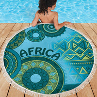 Blue Africa tribal pattern round beach blanket with white fringe, 150cm diameter