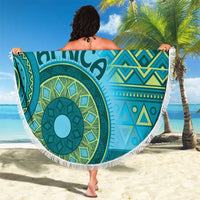 Blue Africa tribal pattern round beach blanket with white fringe trim, 150cm diameter