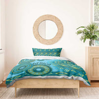 Turquoise tribal bedding set with "AFRICA" medallion motif and coordinated pillow