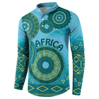 Blue button-up sweatshirt with green tribal circles and 'AFRICA' graphic, long sleeves