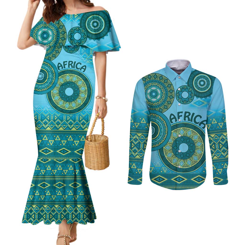 Africa Tribal Traditional Pattern Couples Matching Mermaid Dress and Long Sleeve Button Shirt Blue Motif