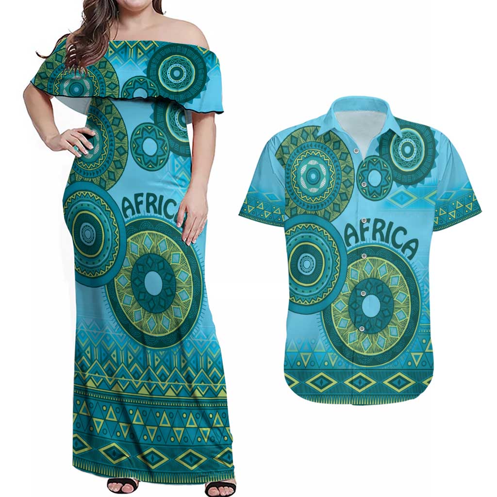 Africa Tribal Traditional Pattern Couples Matching Off Shoulder Maxi Dress and Hawaiian Shirt Blue Motif LT9 - Wonder Print Shop