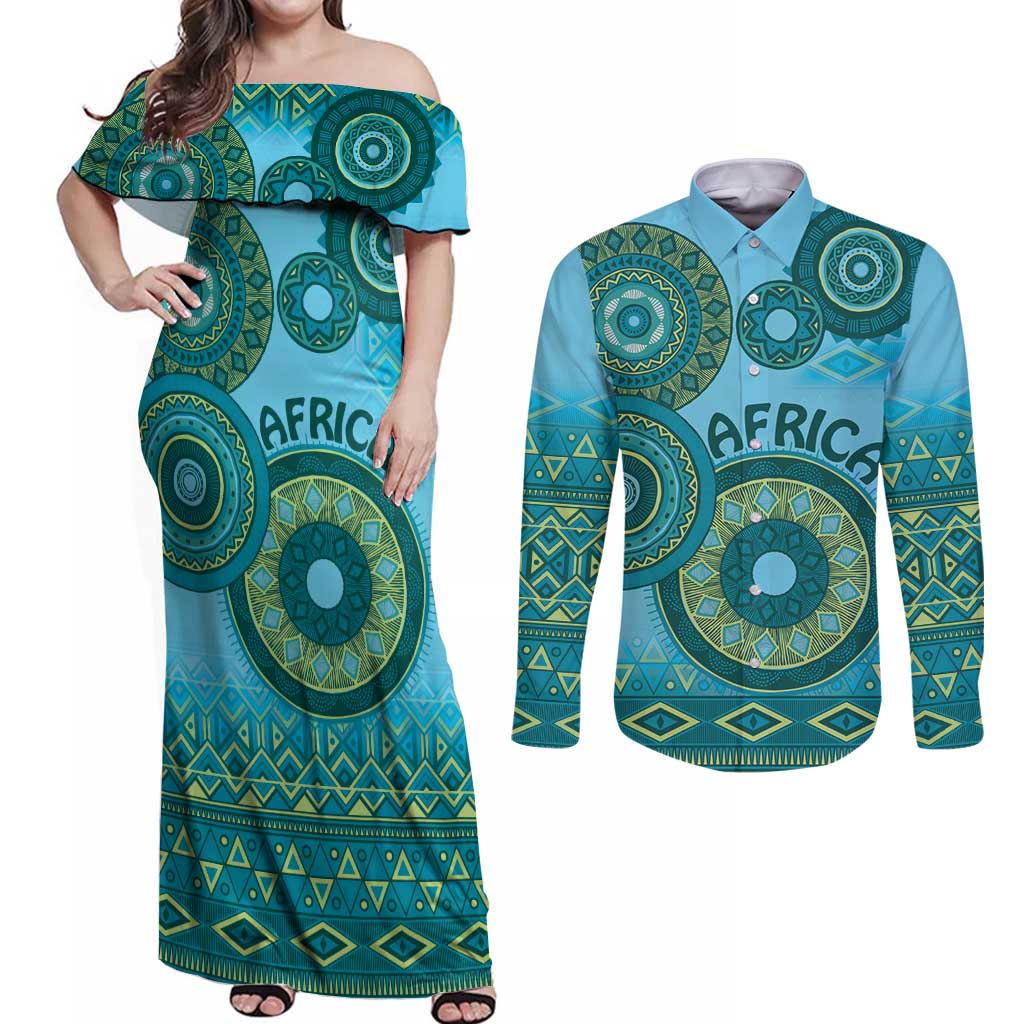 Africa Tribal Traditional Pattern Couples Matching Off Shoulder Maxi Dress and Long Sleeve Button Shirt Blue Motif LT9 - Wonder Print Shop