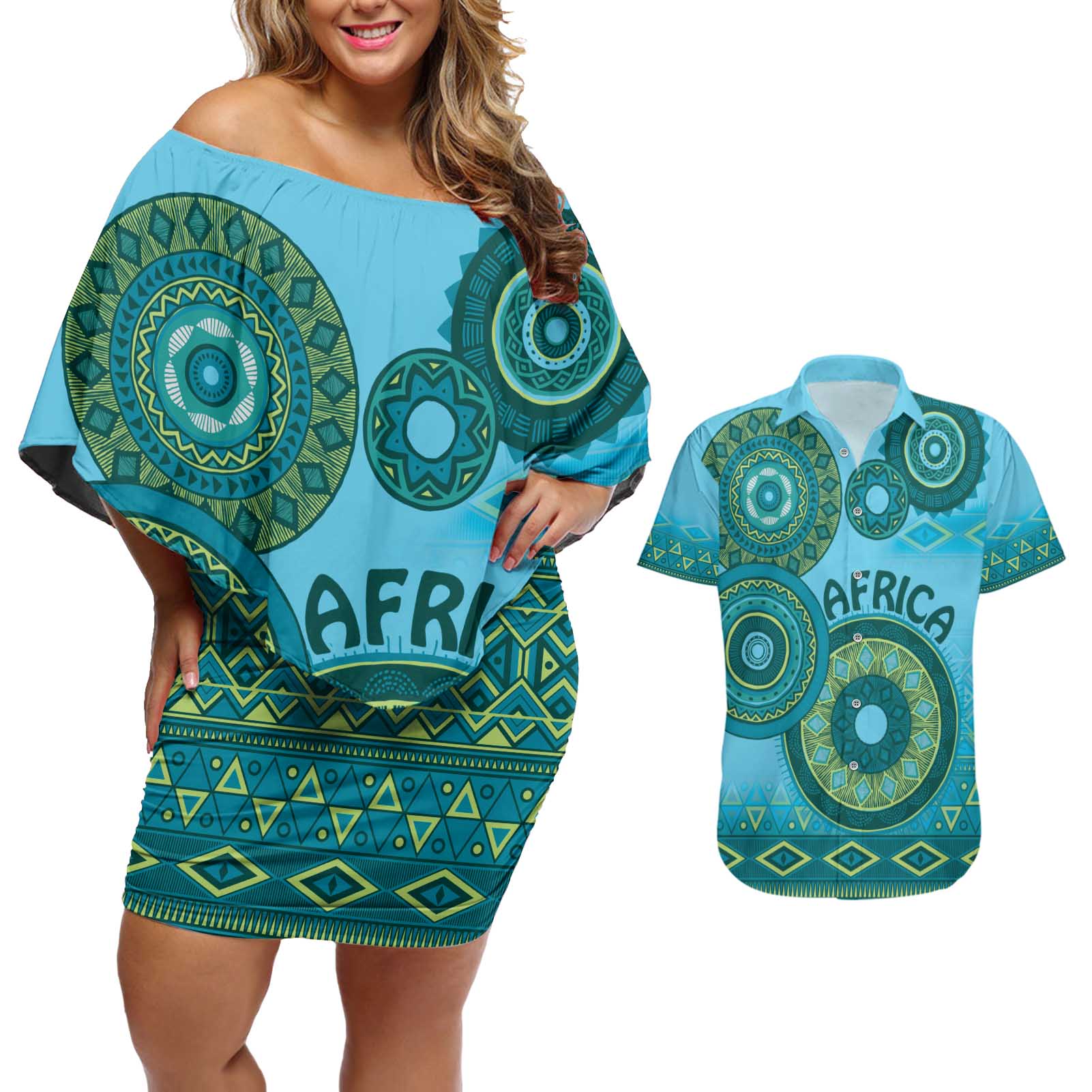 Africa Tribal Traditional Pattern Couples Matching Off Shoulder Short Dress and Hawaiian Shirt Blue Motif LT9 - Wonder Print Shop