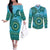 Africa Tribal Traditional Pattern Couples Matching Off The Shoulder Long Sleeve Dress and Long Sleeve Button Shirt Blue Motif