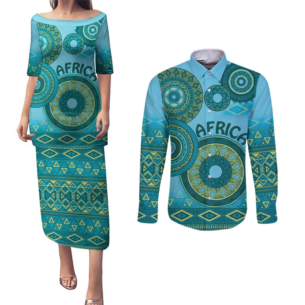 Africa Tribal Traditional Pattern Couples Matching Puletasi and Long Sleeve Button Shirt Blue Motif LT9 - Wonder Print Shop