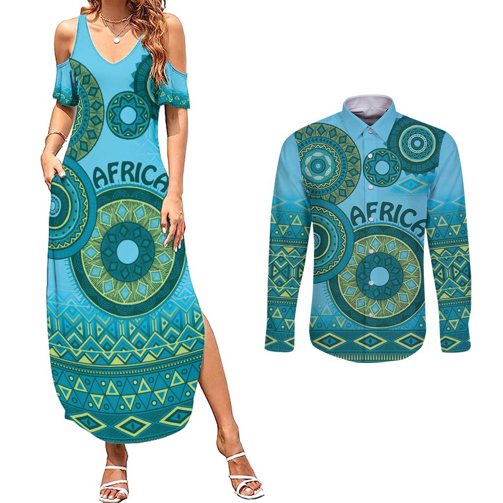 Africa Tribal Traditional Pattern Couples Matching Summer Maxi Dress and Long Sleeve Button Shirt Blue Motif LT9 - Wonder Print Shop