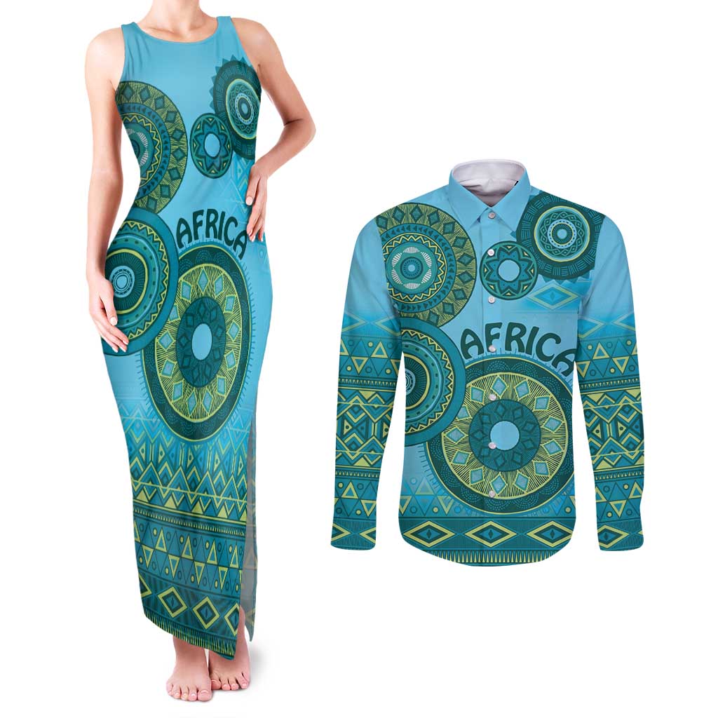 Africa Tribal Traditional Pattern Couples Matching Tank Maxi Dress and Long Sleeve Button Shirt Blue Motif LT9 - Wonder Print Shop