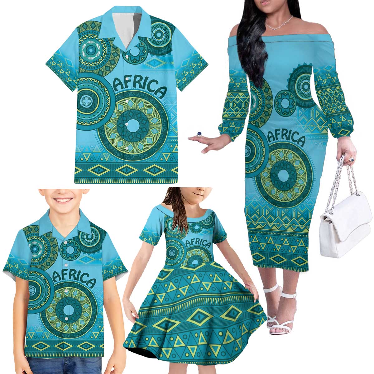 Africa Tribal Traditional Pattern Family Matching Off The Shoulder Long Sleeve Dress and Hawaiian Shirt Blue Motif - Wonder Print Shop