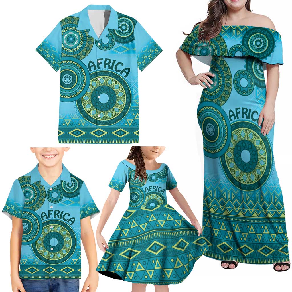 Africa Tribal Traditional Pattern Family Matching Off Shoulder Maxi Dress and Hawaiian Shirt Blue Motif LT9 - Wonder Print Shop