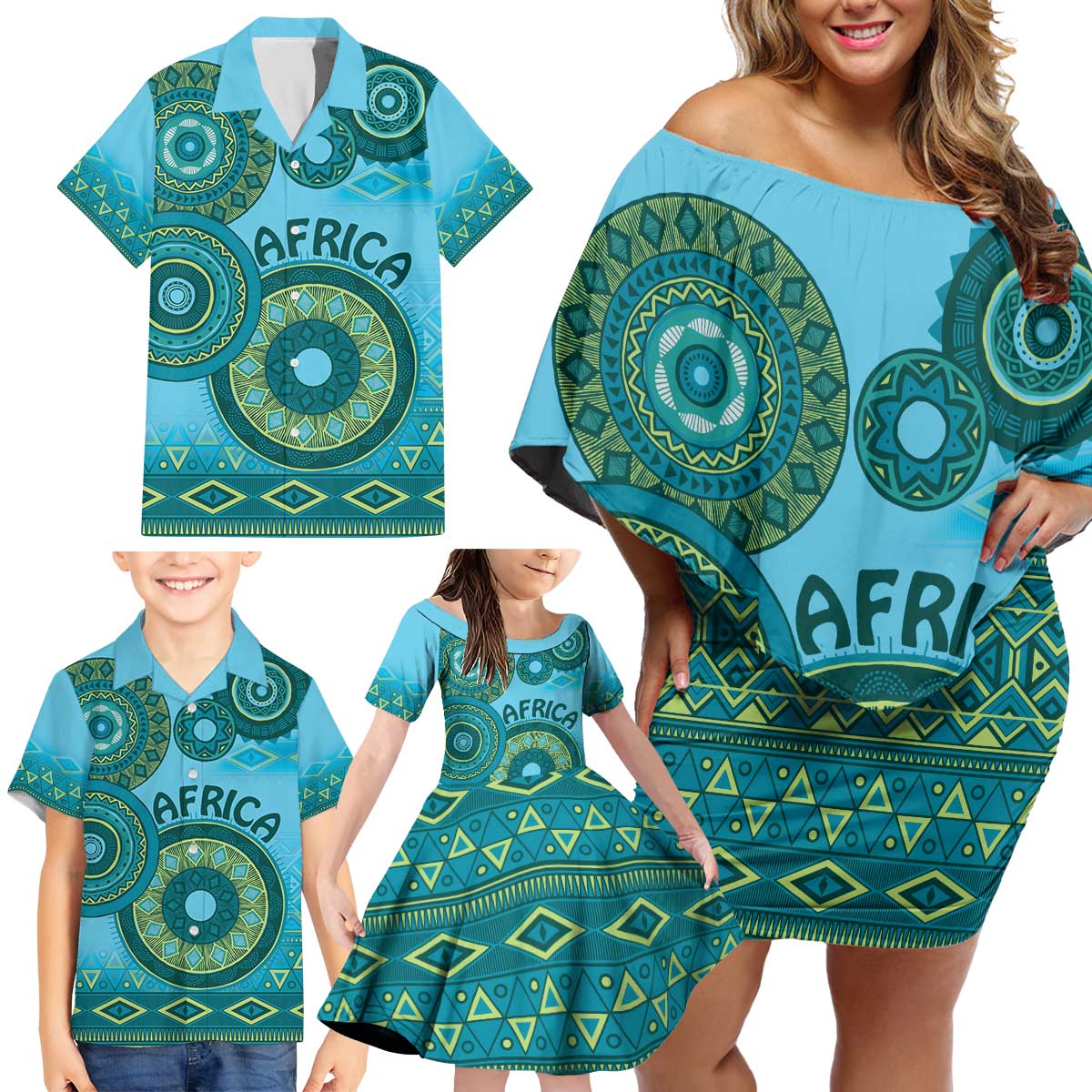 Africa Tribal Traditional Pattern Family Matching Off Shoulder Short Dress and Hawaiian Shirt Blue Motif LT9 - Wonder Print Shop