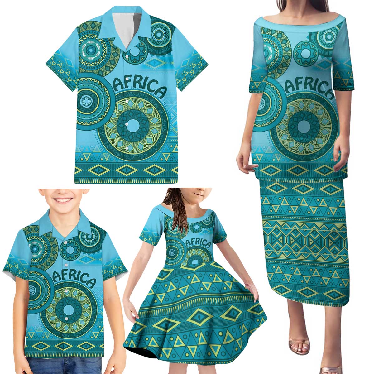 Africa Tribal Traditional Pattern Family Matching Puletasi and Hawaiian Shirt Blue Motif - Wonder Print Shop