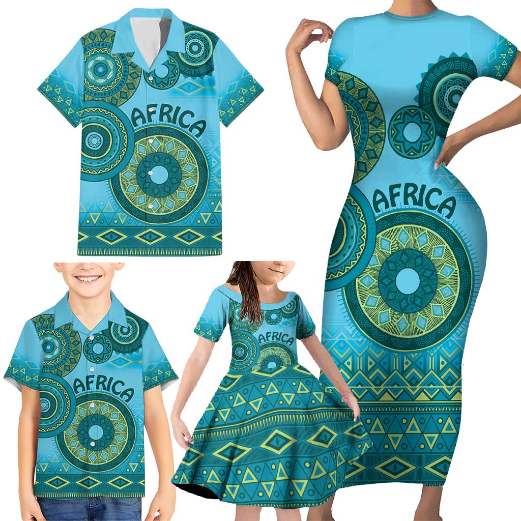 Africa Tribal Traditional Pattern Family Matching Short Sleeve Bodycon Dress and Hawaiian Shirt Blue Motif - Wonder Print Shop