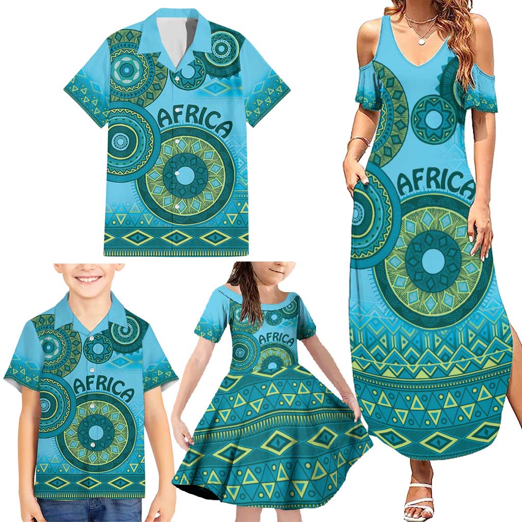 Africa Tribal Traditional Pattern Family Matching Summer Maxi Dress and Hawaiian Shirt Blue Motif - Wonder Print Shop