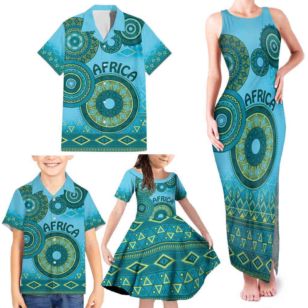 Africa Tribal Traditional Pattern Family Matching Tank Maxi Dress and Hawaiian Shirt Blue Motif - Wonder Print Shop