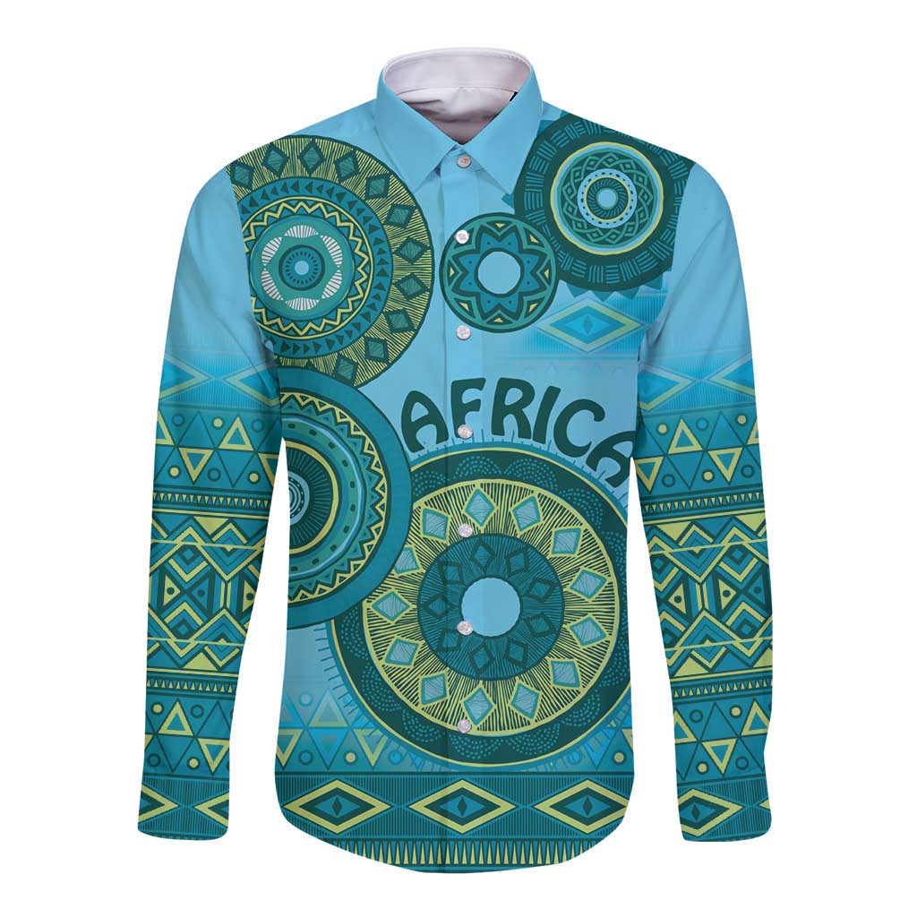 Africa Tribal Traditional Pattern Long Sleeve Button Shirt Blue Motif - Wonder Print Shop