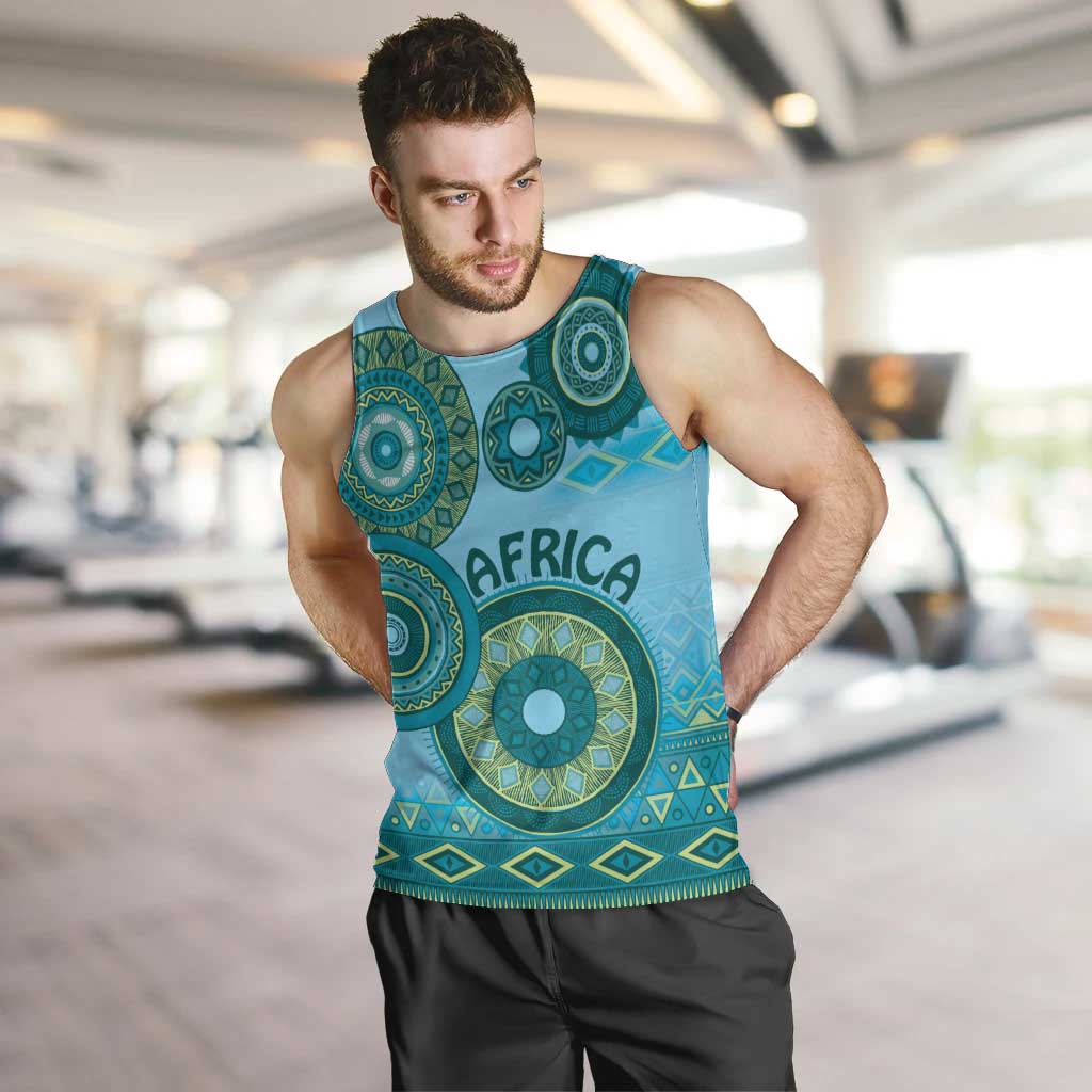 Africa Tribal Traditional Pattern Men Tank Top Blue Motif - Wonder Print Shop