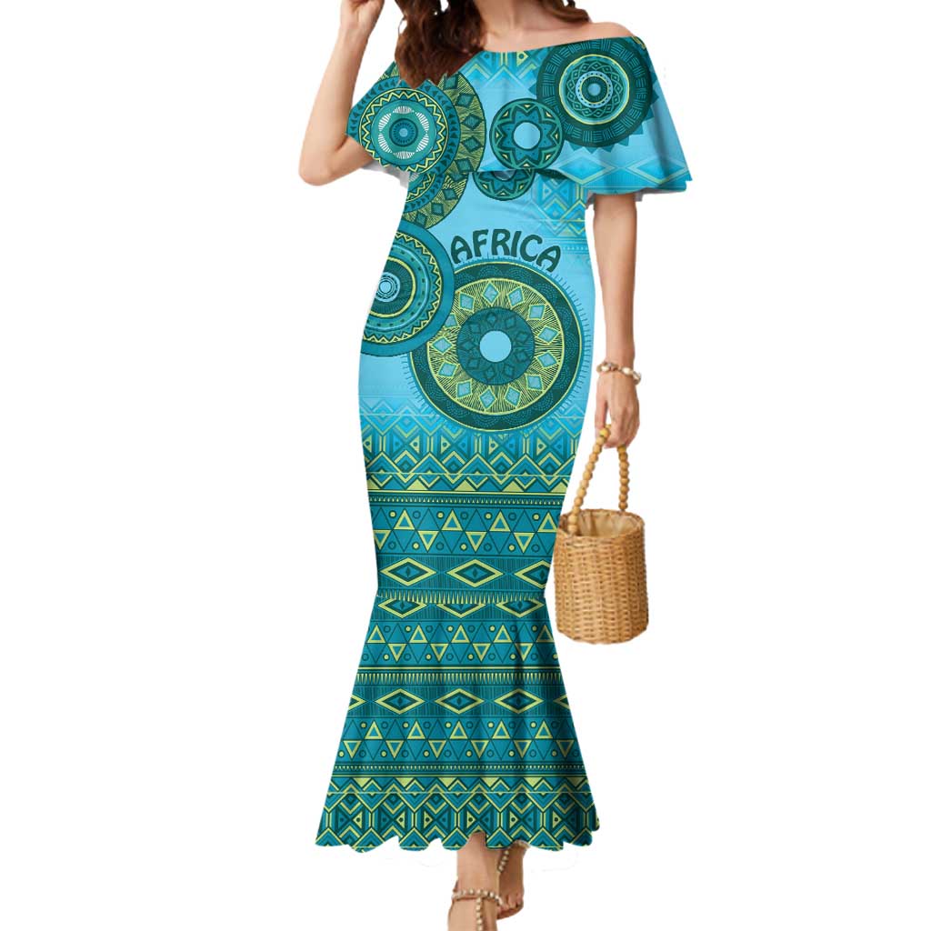 Africa Tribal Traditional Pattern Mermaid Dress Blue Motif - Wonder Print Shop