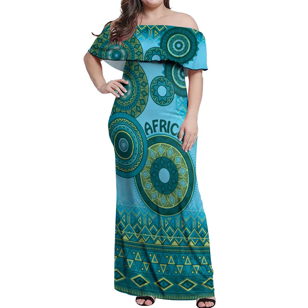 Africa Tribal Traditional Pattern Off Shoulder Maxi Dress Blue Motif - Wonder Print Shop