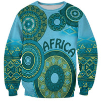 Unisex blue sweatshirt with round neck and large green tribal circular motifs, AFRICA print