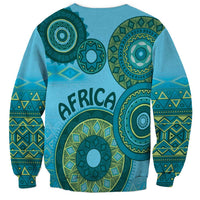 Unisex blue sweatshirt with green tribal circular back motifs and blue geometric bands