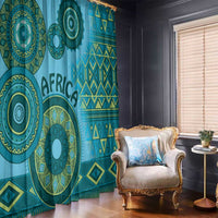 Blue tribal motif window curtains with teal geometric bands and circular medallion designs