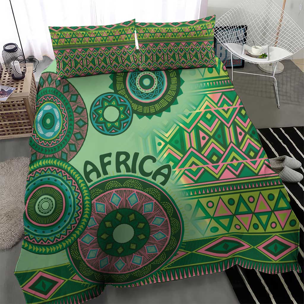 Green tribal bedding set duvet with large circular designs and geometric accents