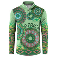 Green tribal print button sweatshirt with 'AFRICA' chest graphic, long sleeves