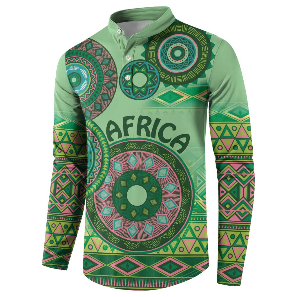 Green tribal mandala button sweatshirt with 'AFRICA' text, long sleeves