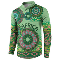 Green tribal mandala button sweatshirt with 'AFRICA' text, long sleeves