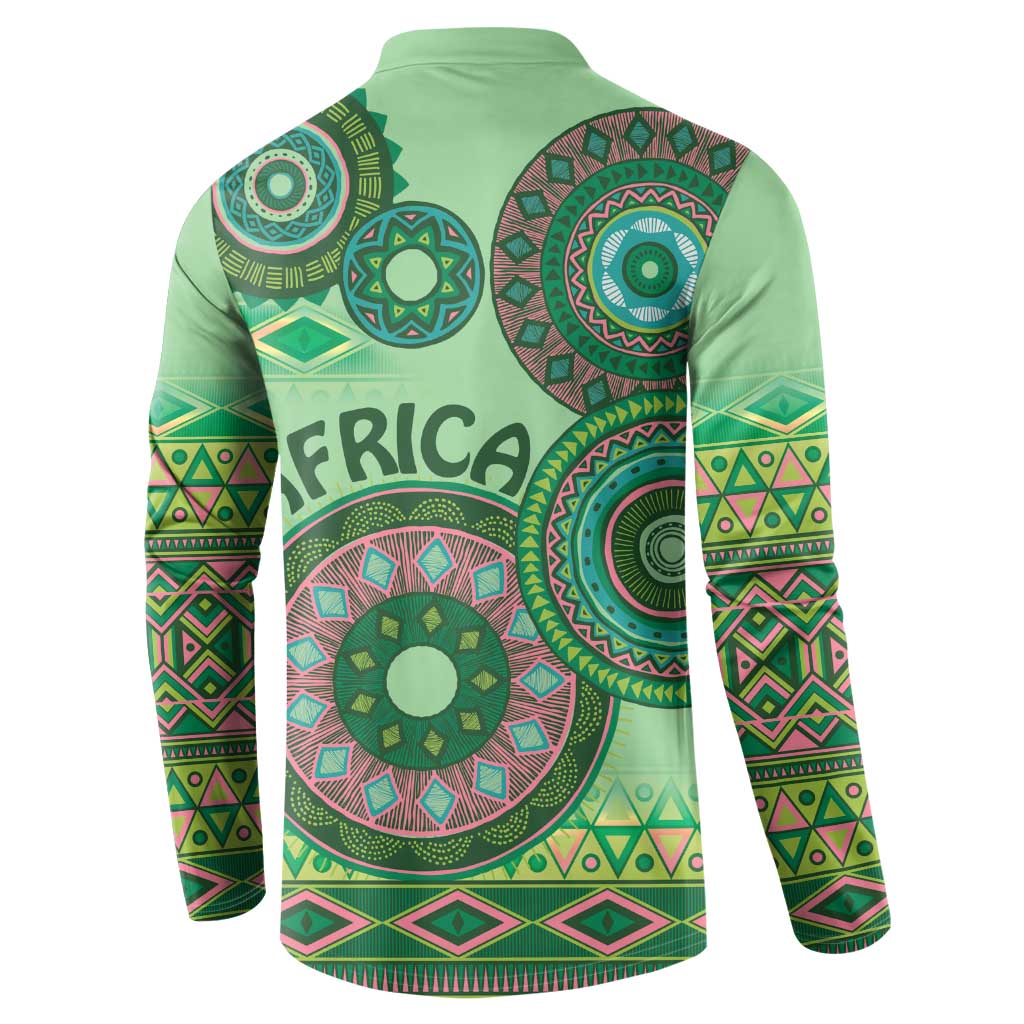Green tribal mandala print back button sweatshirt, long sleeves