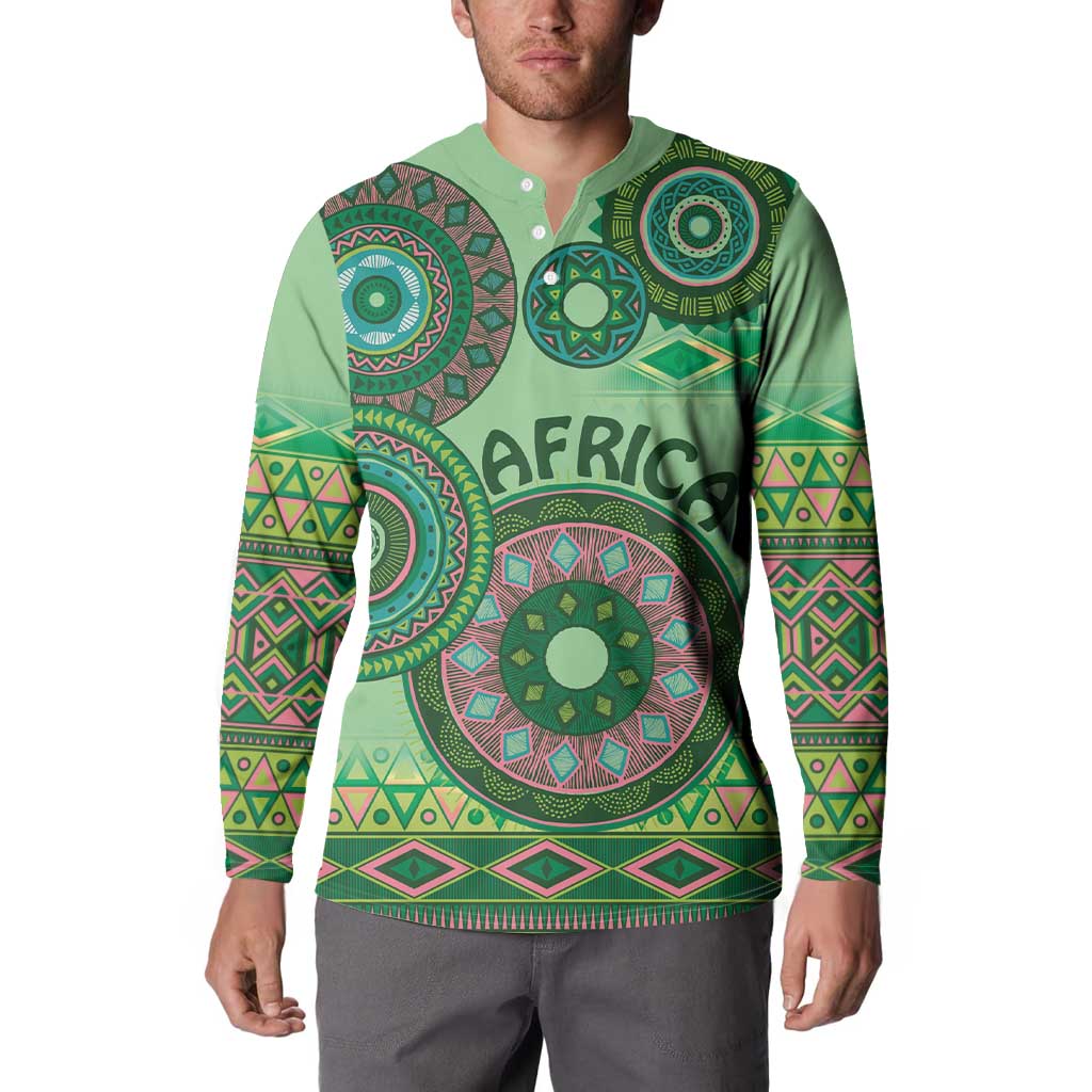 Green tribal print button sweatshirt with 'AFRICA' front graphic, long sleeves