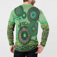 Green tribal mandala print back button sweatshirt with 'AFRICA' logo, long sleeves
