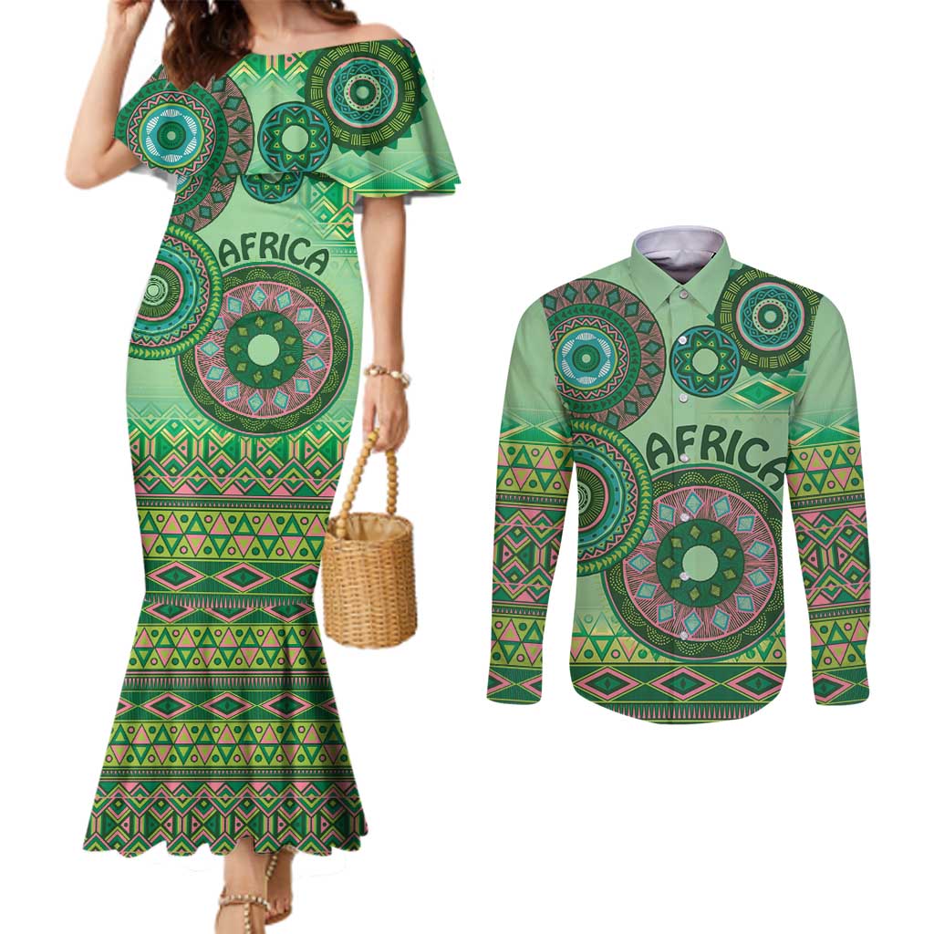 Africa Tribal Traditional Pattern Couples Matching Mermaid Dress and Long Sleeve Button Shirt Green Motif