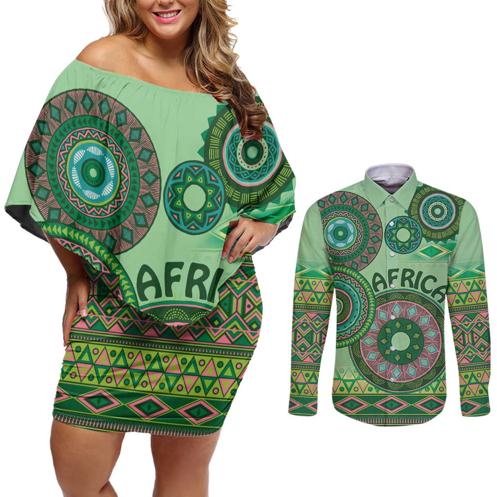 Africa Tribal Traditional Pattern Couples Matching Off Shoulder Short Dress and Long Sleeve Button Shirt Green Motif LT9 - Wonder Print Shop