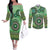 Africa Tribal Traditional Pattern Couples Matching Off The Shoulder Long Sleeve Dress and Long Sleeve Button Shirt Green Motif