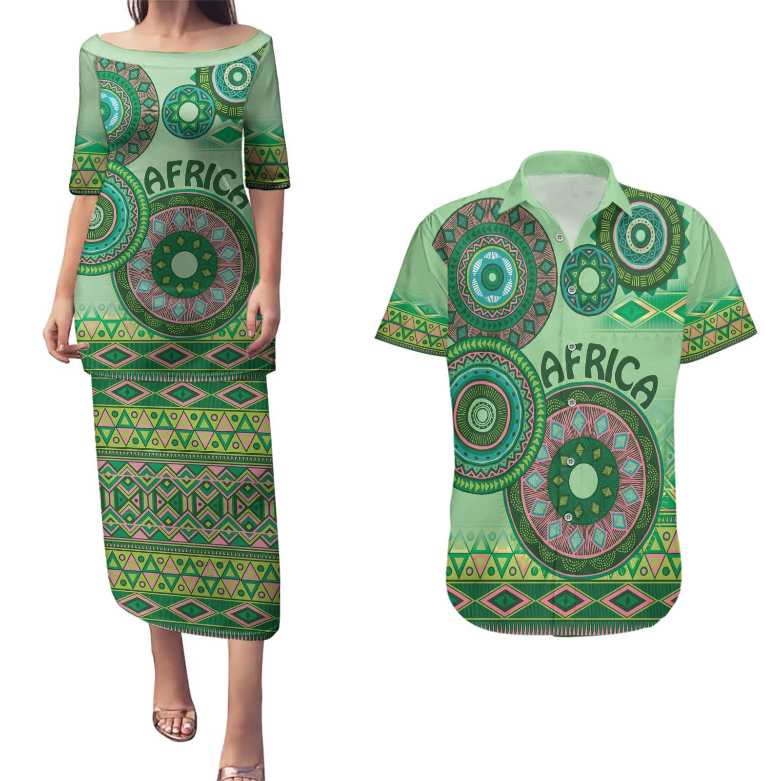 Africa Tribal Traditional Pattern Couples Matching Puletasi and Hawaiian Shirt Green Motif LT9 - Wonder Print Shop