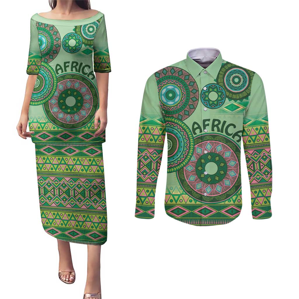 Africa Tribal Traditional Pattern Couples Matching Puletasi and Long Sleeve Button Shirt Green Motif LT9 - Wonder Print Shop