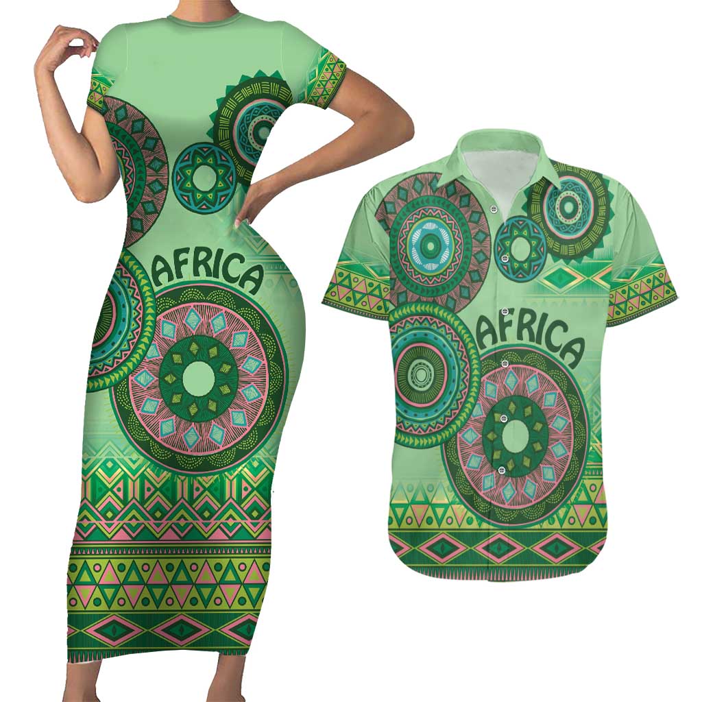 Africa Tribal Traditional Pattern Couples Matching Short Sleeve Bodycon Dress and Hawaiian Shirt Green Motif LT9 - Wonder Print Shop